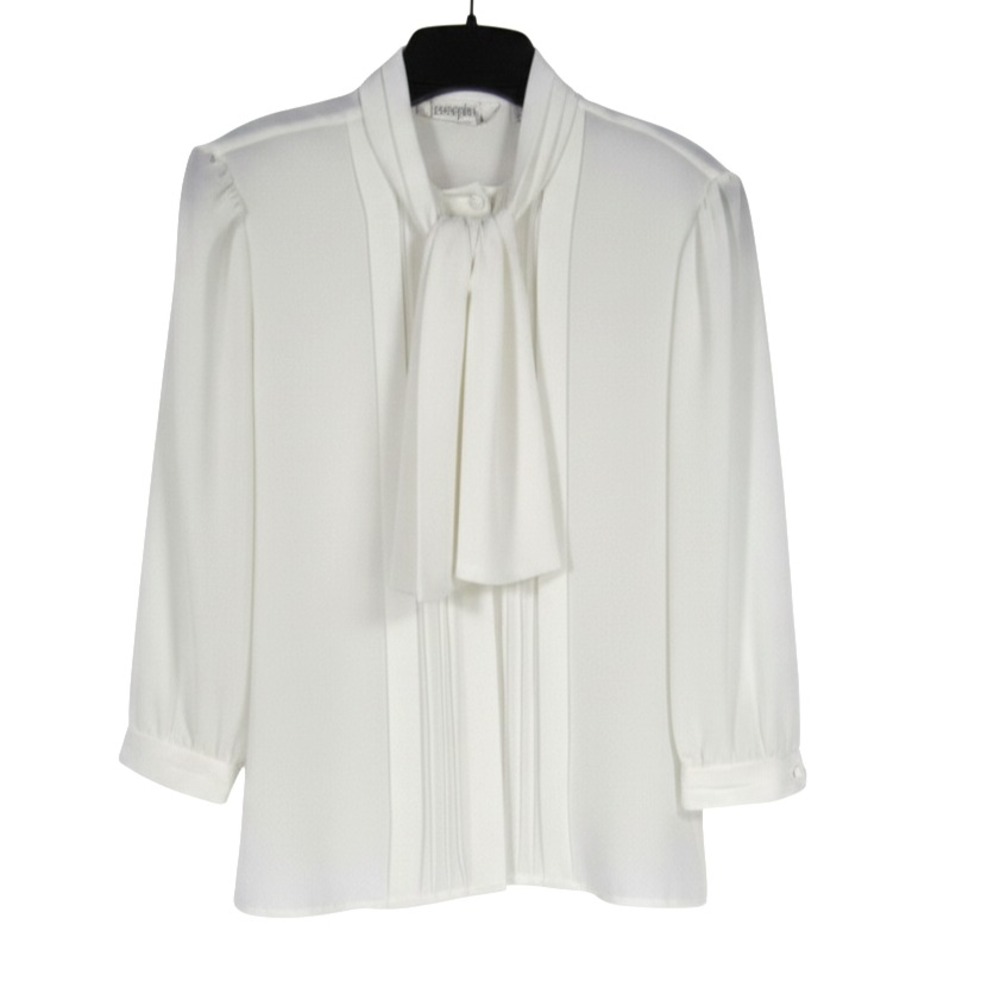 VTG JOSEPHINE White CREPE CHIFFON Button-Up PLEATED TIE COLLAR Shirt/Top Sz 10